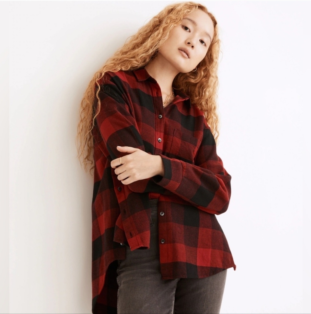 Madewell Flannel Side-Button Oversized Ex-Boyfriend Shirt Buffalo Check Size M